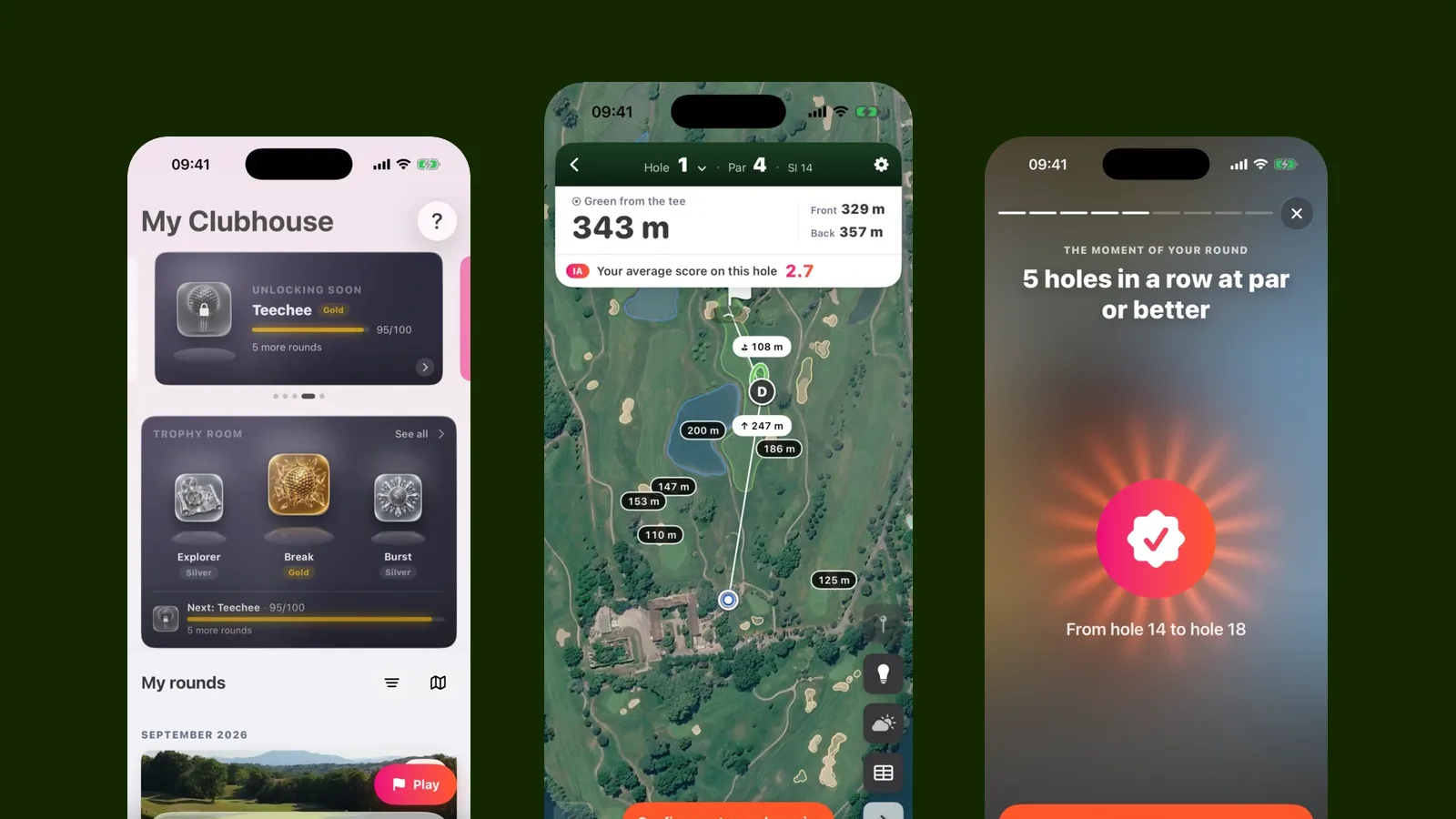 Three Teech Golf 4 screens: the Clubhouse, the GPS hole map and the round recap