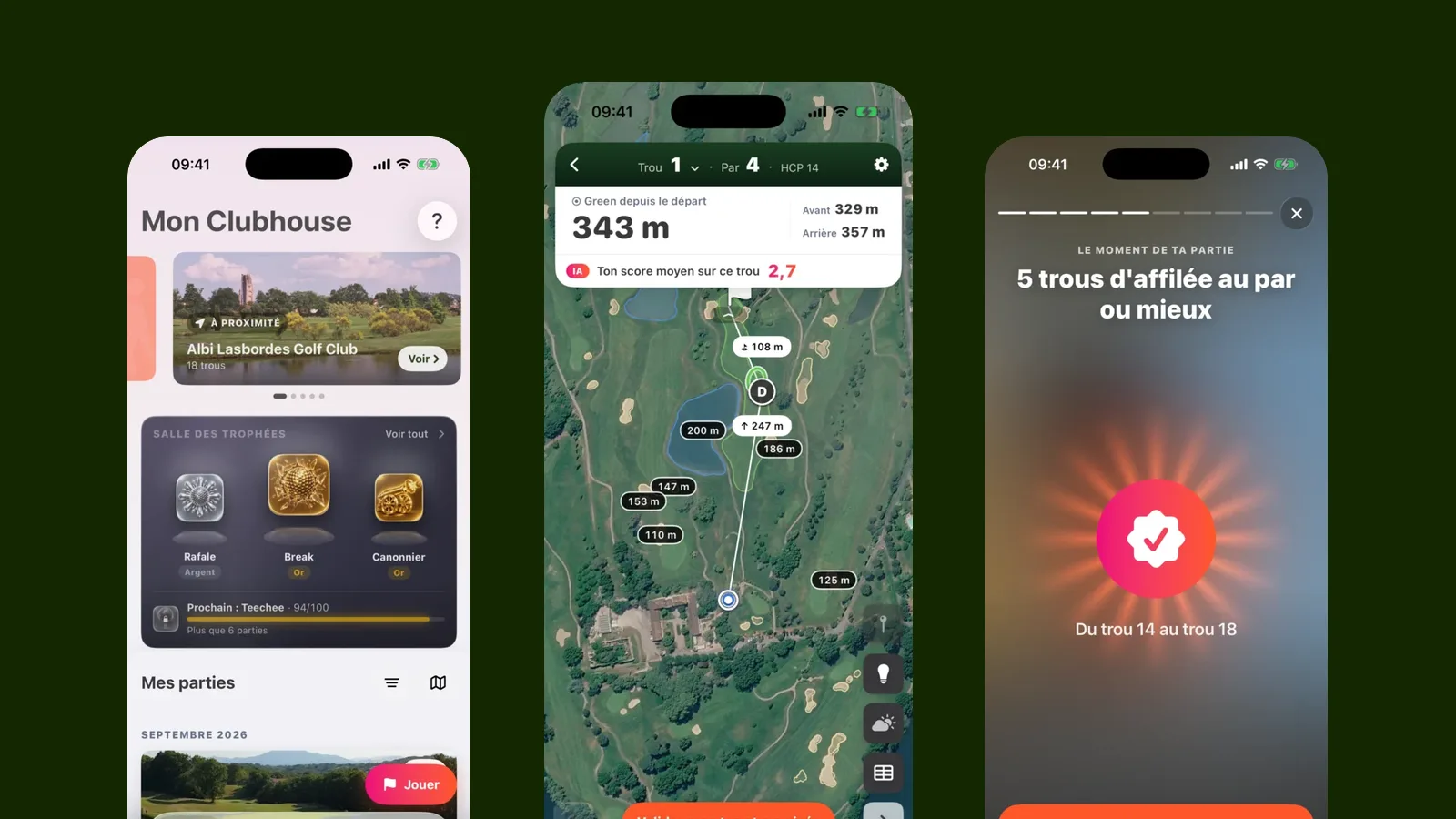 Trois écrans de Teech Golf 4 : le Clubhouse, la carte GPS du trou et le récap de partie