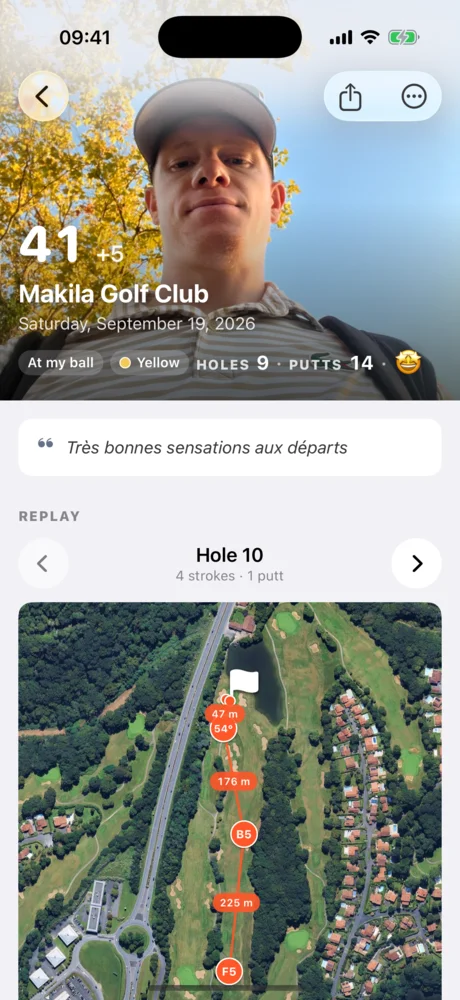 Round detail for 19 September at Makila: 41 strokes, +5, with the map of hole 10.