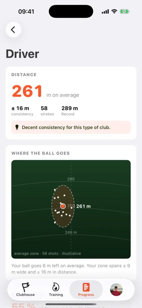 Driver page: 261 m on average and where the ball goes.