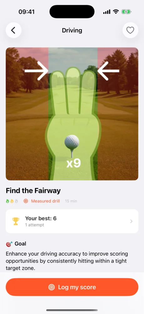 Find the Fairway drill page with its video, best score and Log my score button.