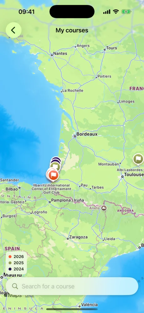 Map of France with the courses played, filterable by year.