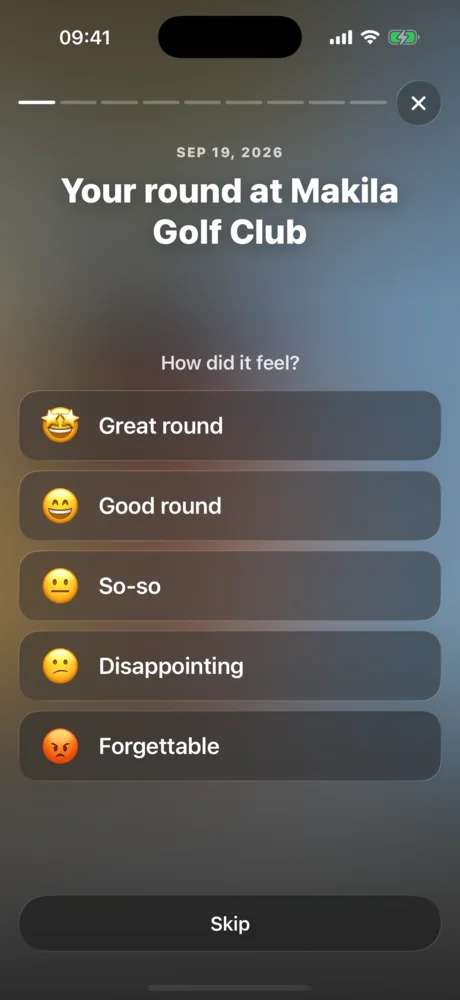 Your round at Makila Golf Club screen with Great, Good, So-so, Disappointing and Forgettable choices.
