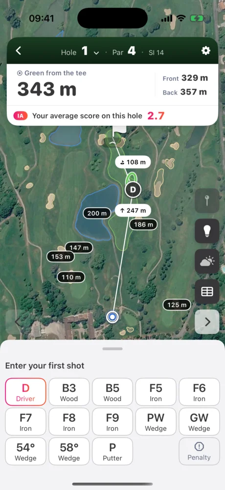 Club grid of the bag with the driver highlighted and a Penalty tile.