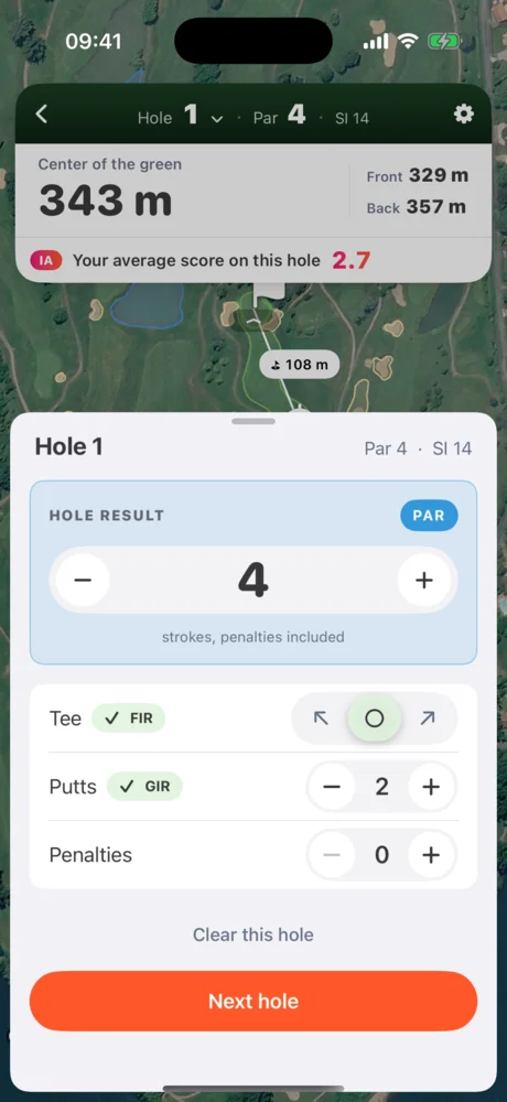 Hole 1 card in simple mode with score, tee direction, putts and penalties.