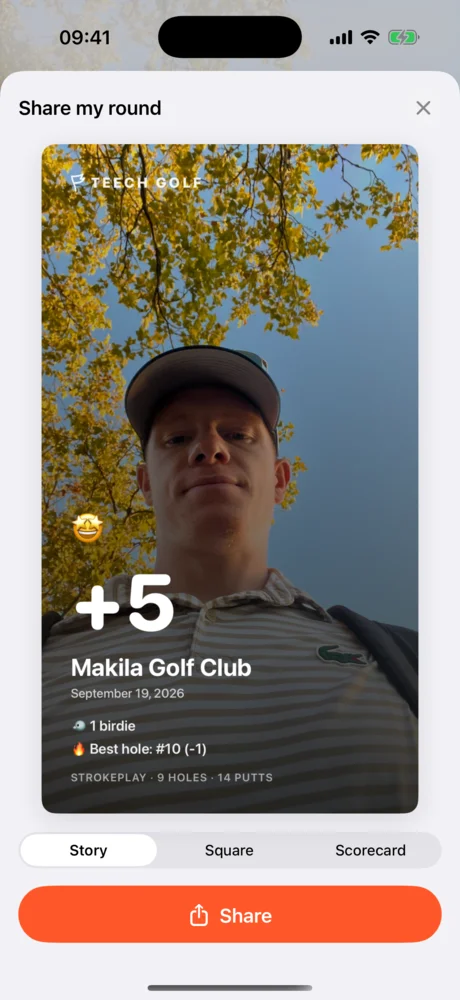 Vertical share card with the photo, the +5 score and the best hole.