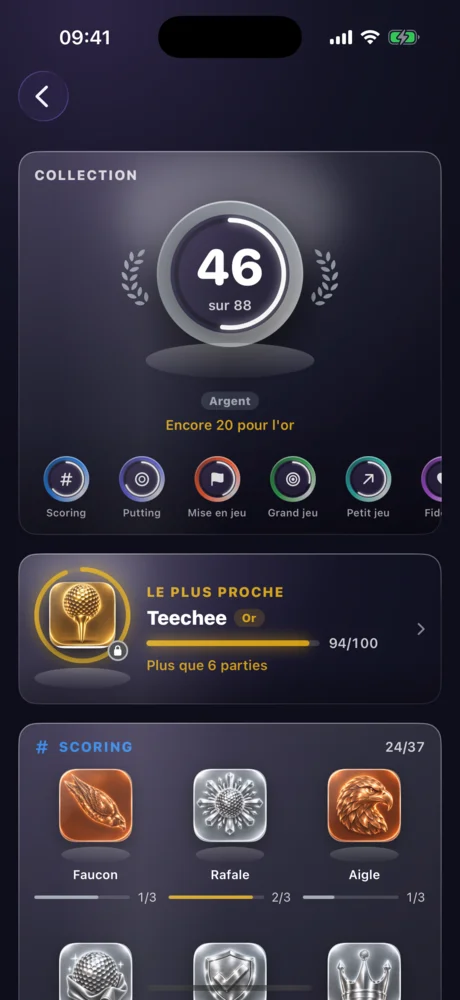 Salle des trophées avec 46 médailles sur 88 et le prochain trophée Teechee.