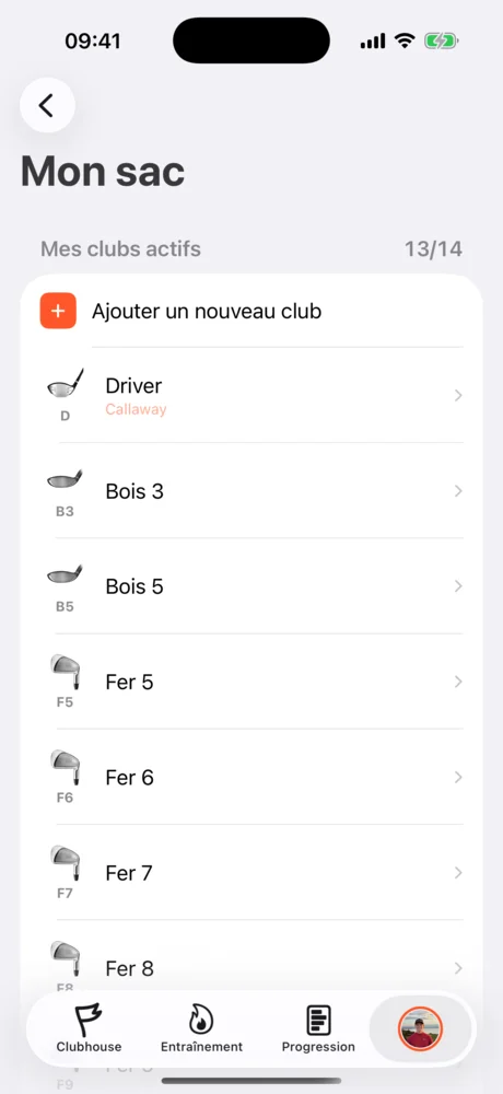 Liste des clubs actifs du sac : driver, bois, fers.