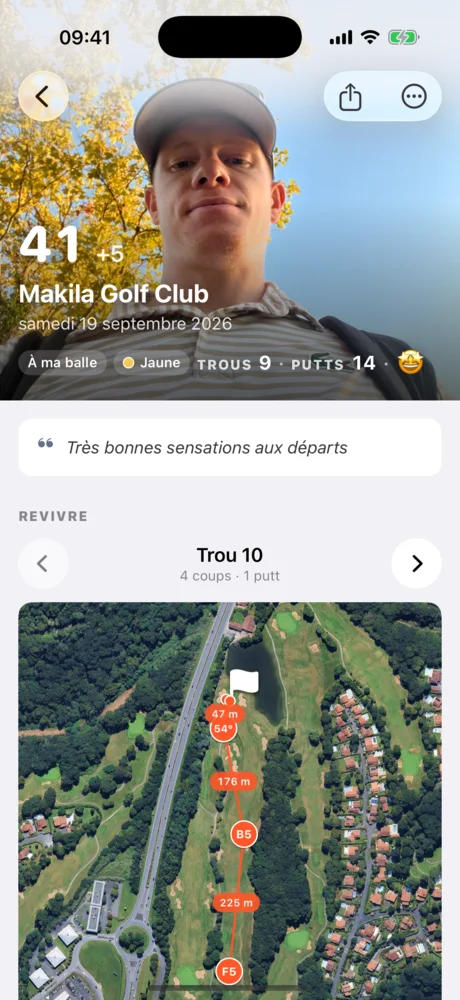 Détail de la partie du 19 septembre à Makila : 41 coups, +5, avec la carte du trou 10.