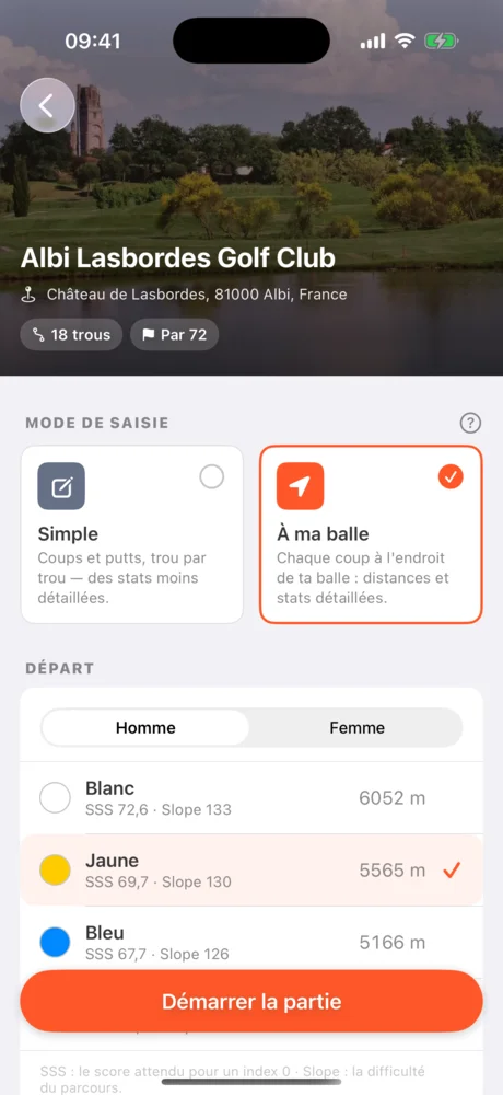 Fiche du golf d’Albi Lasbordes avec les modes Simple et À ma balle et la liste des départs.