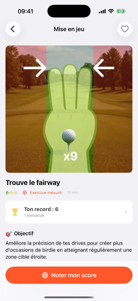 Fiche de l’exercice Trouve le fairway avec sa vidéo, le record et le bouton Noter mon score.