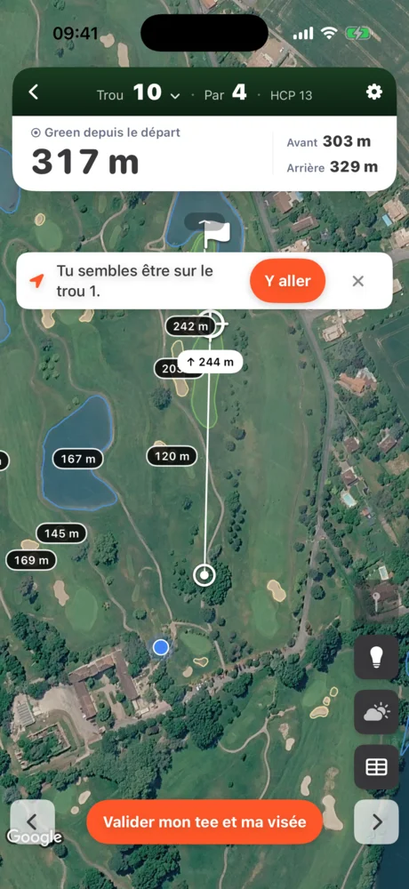 Bandeau Tu sembles être sur le trou 1 avec un bouton Y aller.
