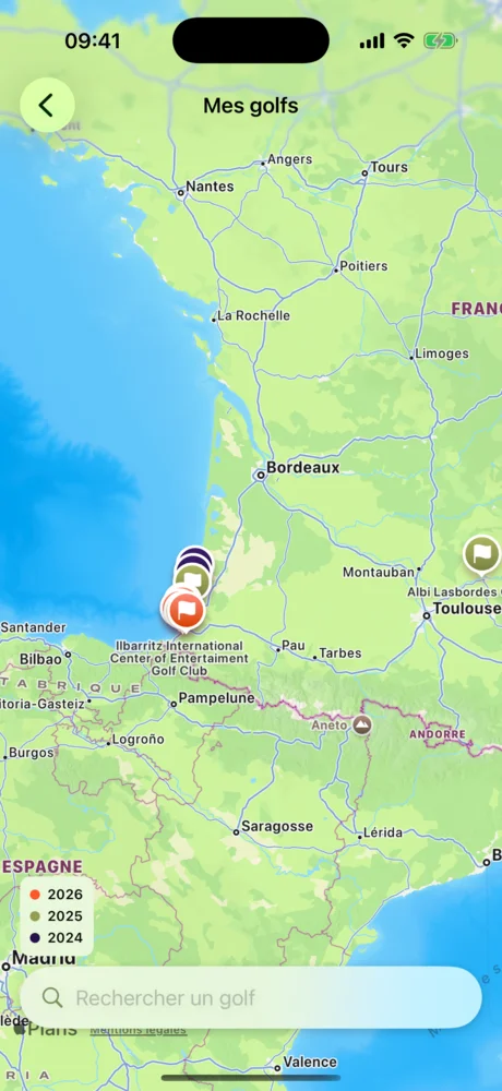 Carte de France avec les golfs joués, filtrables par année.