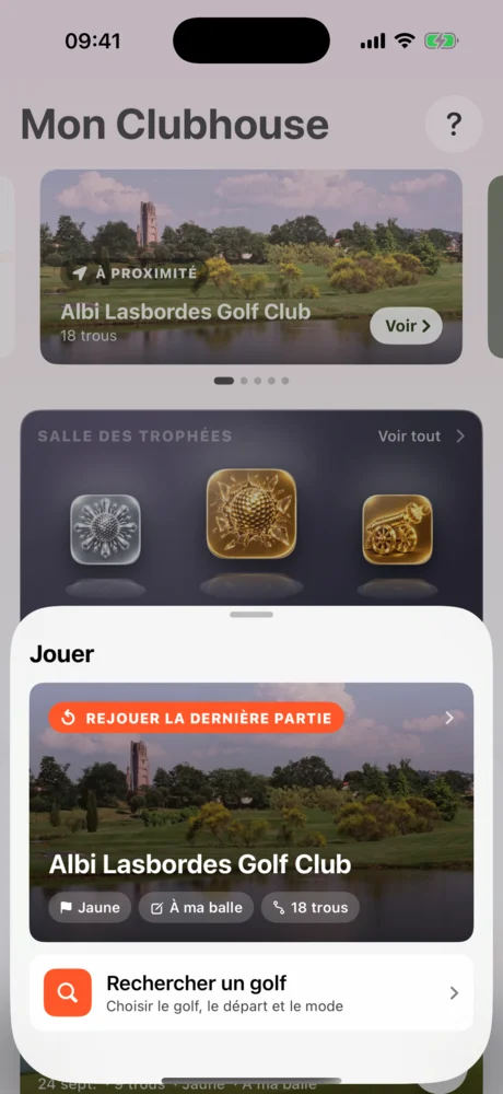 Feuille Jouer proposant de rejouer Albi Lasbordes ou de rechercher un golf.