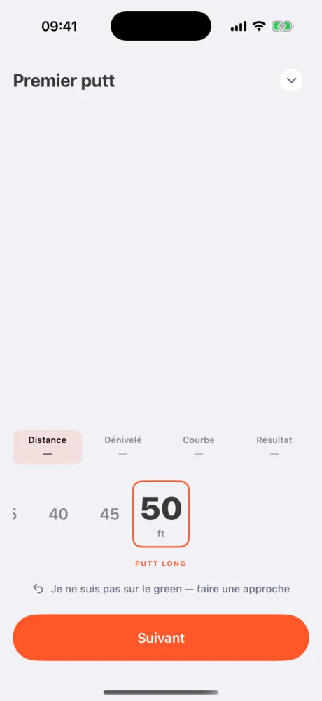Molette de distance du premier putt réglée sur 50 pieds.