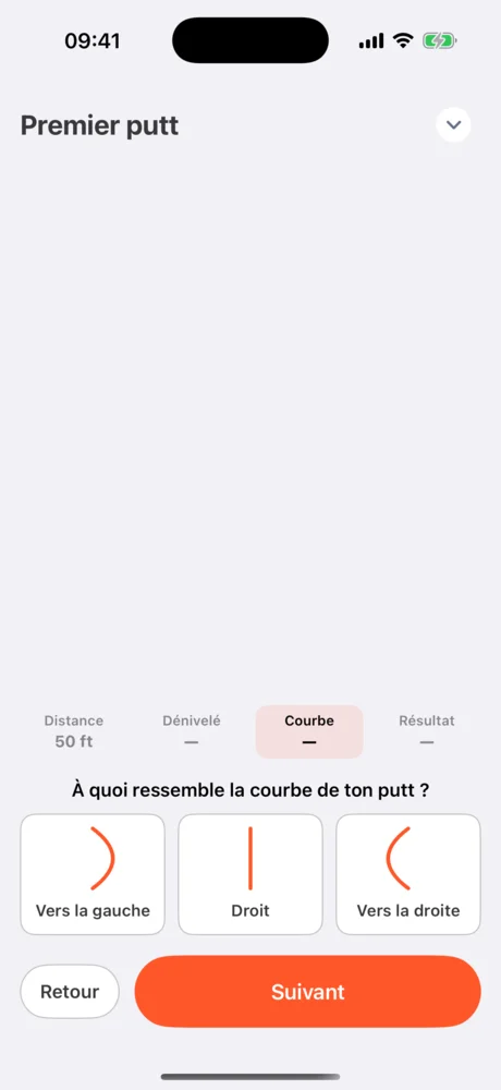 Choix de la courbe du putt : vers la gauche, droit ou vers la droite.