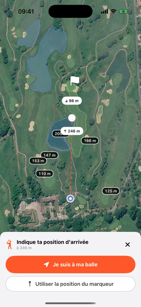 Panneau Indique ta position d’arrivée avec les boutons Je suis à ma balle et Utiliser la position du marqueur.