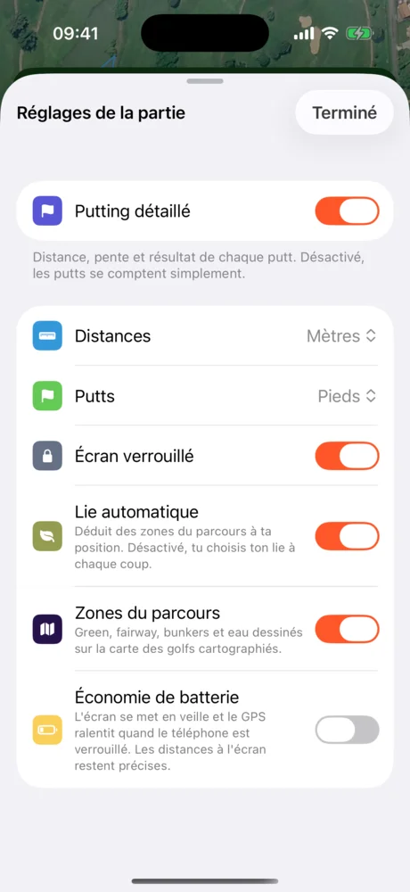 Réglages de la partie : putting détaillé, unités, écran verrouillé, lie automatique, zones et économie de batterie.