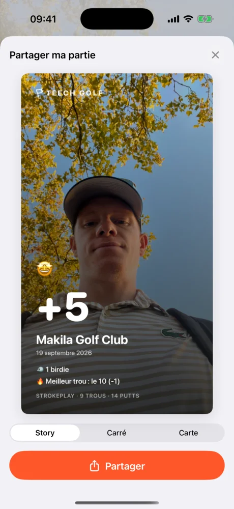 Carte de partage verticale avec la photo, le score +5 et le meilleur trou.
