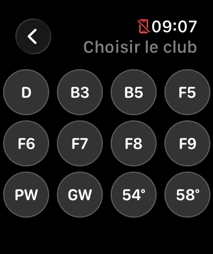 Grille des clubs sur la montre : D, B3, B5, fers et wedges.