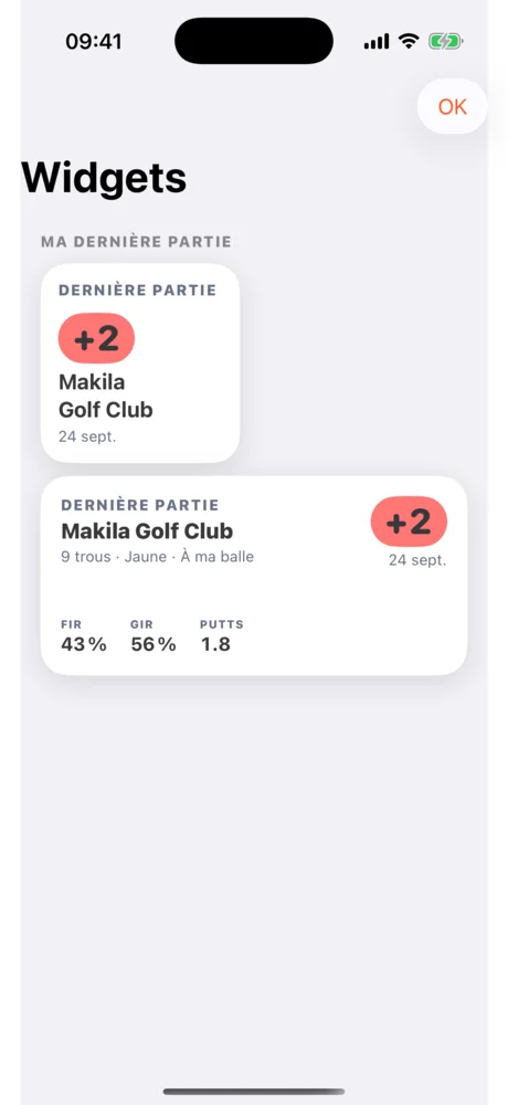 Widget Ma dernière partie : +2 au Makila Golf Club avec fairways, greens et putts.